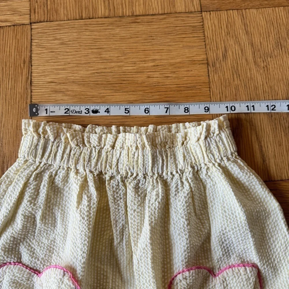Bonton Girls 12 Skirt Yellow Seersucker Pink Heart Pockets Elastic Stretch Waist